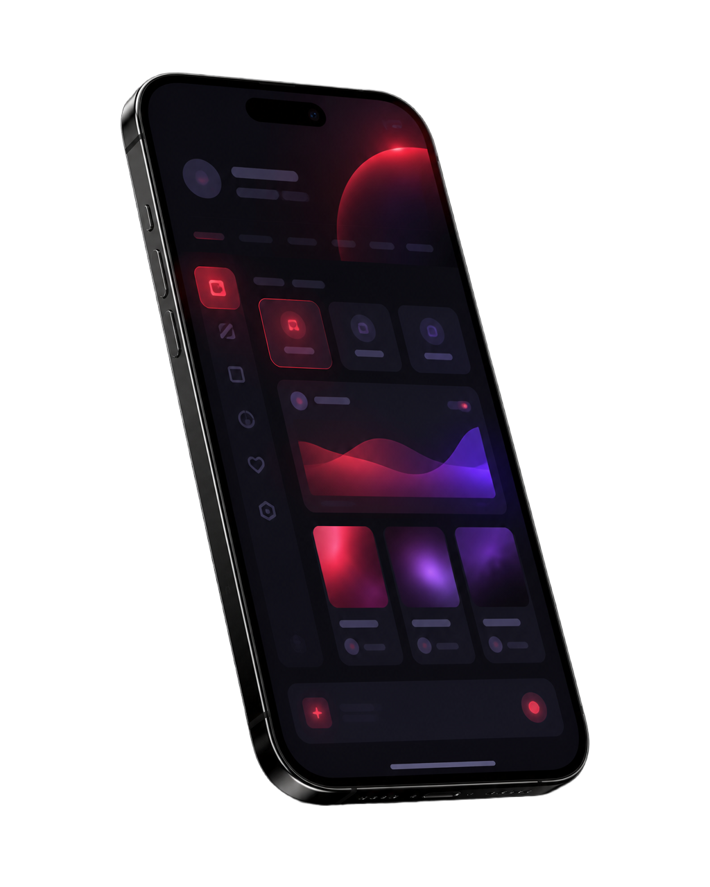 Prévia conceitual do aplicativo SecretFans em um smartphone, com painel escuro e destaques em vermelho e roxo
